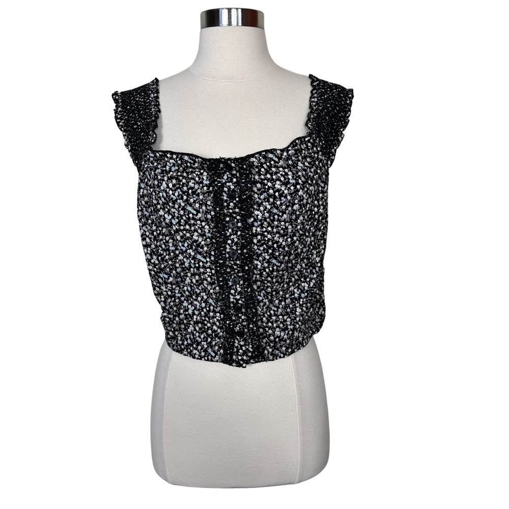 Europa Cotton Ditsy Floral Smocked Stretch Button Front Blouse Crop Top Size 10